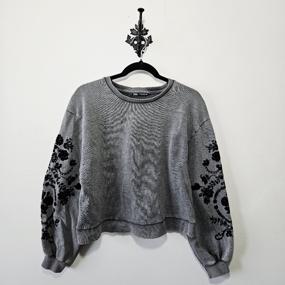 Zara Floral Acid Washed Sweatshirt Size S Grey - Picture 2 of 4
